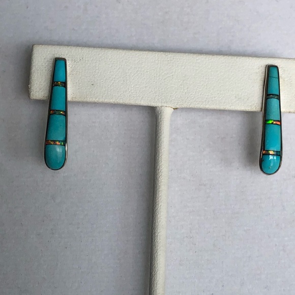 Santa Fe Style Turquoise Gemstones & Opal Sterling Silver Earrings - Picture 2 of 6